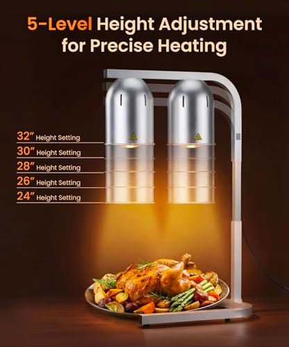 Heat Lamp for Food 500W Teflon-Coated Bulbs Food Heat Lamp for Fast and Even Heating Commercial Food Warmer with 5 Adjustable Height Lamp Stand for Home Restaurant Buffet Bakery Silver | Fast and Even Heating Commercial Food Warmer with 5 Adjustable Heigh