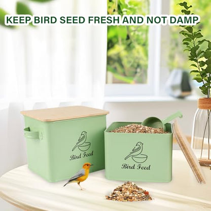 Airtight Bird Seed Storage Container Set of 2, 10LB Metal Bird Food Container with Bamboo Lids,Wild Bird Seed Tin for Storing Sunflower Seed-Squirrel proof -Green - color: Green(Bird Feed)