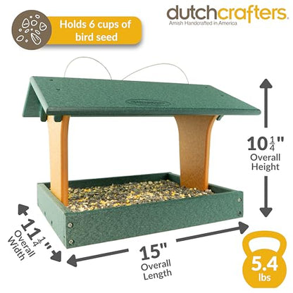 DutchCrafters Plastic Poly Covered Roof Hanging Fly Through Bird Feeder Open Side Platform Seed Tray for Outside Outdoor Garden - Amish American Made in USA (Turf Green & Cedar) - color: Turf Green & Cedar