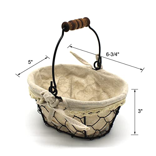 CVHOMEDECO. Primitives Country Chicken Wire Small Gift Baskets Gathering Baskets with Wooden Handle and Fabric Liner. Set of 2 (Oval) Matt Black