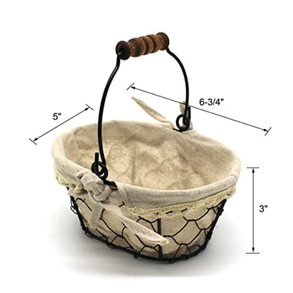 CVHOMEDECO. Primitives Country Chicken Wire Small Gift Baskets Gathering Baskets with Wooden Handle and Fabric Liner. Set of 2 (Oval) Matt Black