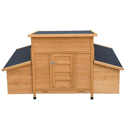 Large Wooden Chicken Coop with Waterproof Asphalt Roof, Fir Wood Poultry House with 6 Nesting Boxes & Ramp, Outdoor Weatherproof Hen Cage with Removable Tray for 6–8 Chickens