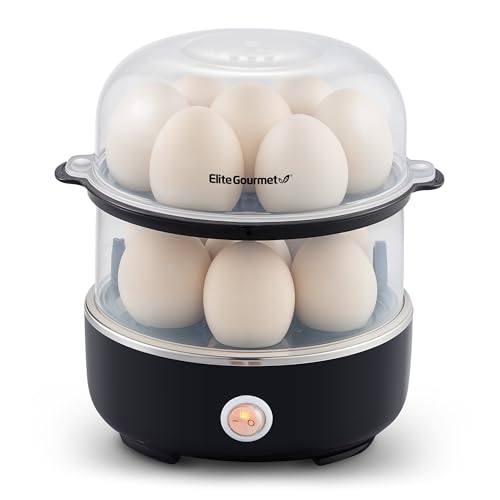 Elite Gourmet EGC1215B Easy Egg Cooker, Stainless-steel Heating Plate, Two-Tiered, 14-Egg Capacity, Soft, Medium, Hard-Boiled, Auto Shut-Off, Omelets, Poached Eggs, Measuring Cup, Piercing Pin, Black - color: Black, size: 14-Egg