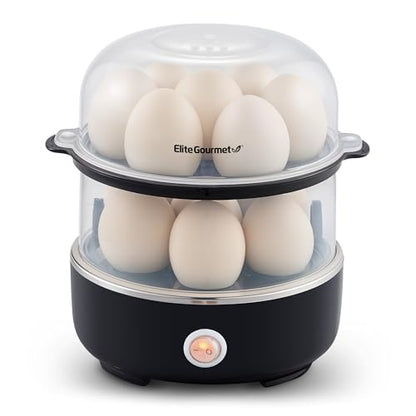 Elite Gourmet EGC1215B Easy Egg Cooker, Stainless-steel Heating Plate, Two-Tiered, 14-Egg Capacity, Soft, Medium, Hard-Boiled, Auto Shut-Off, Omelets, Poached Eggs, Measuring Cup, Piercing Pin, Black - color: Black, size: 14-Egg