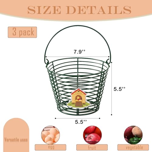 3 Pack 8 Inches Metal Mesh Wire Egg Collecting Basket with Handle Portable Garden Vegetable Fruit Storage Lightweight Hanging for Kitchen Farmhouse Gathering Picnic (Green-Thickened Version) - color: Green-Thickened Version