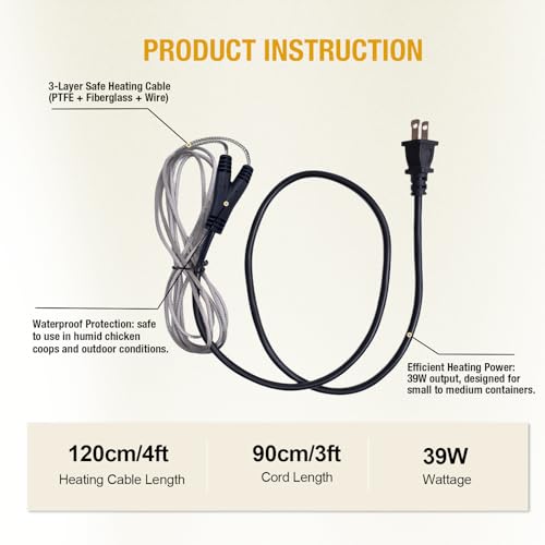 Chicken Water Heater Cord – Low-Watt Heated Chicken Waterer Cable for Winter, Safe Poultry Water Heating for Chickens, Ducks & Small Animals (1 Pack, Waterer Not Included)