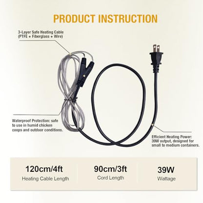 Chicken Water Heater Cord – Low-Watt Heated Chicken Waterer Cable for Winter, Safe Poultry Water Heating for Chickens, Ducks & Small Animals (1 Pack, Waterer Not Included)