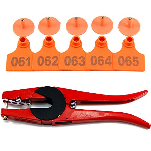 100 Sets Livestock Identification Numbered Ear Tags for Goats Sheep Small Cattle Cows Pigs 100 Packs TPU Precision Ear Tags(Orange) with 1 pcs Tag Plier
