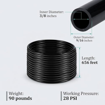All-Weather 656ft Weighted Pond Tubing, Commercial Heavy Duty Self Sinking Pond Hose with 8 Clamps, Anti-Kink Flexible Pond Aerator Tubing for Aquaculture and Water Recirculation - size: 3/8" id - 656ft