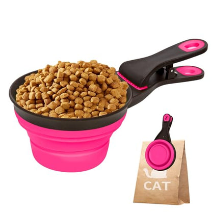Collapsible Silicone Dog Food Scoop Foldable Pet Food Measuring Cup with Bag Clip 3 in 1 Multi-Function Silicone Dog Food Scooper (Rose Red, Large) - color: Rose Red, size: Large