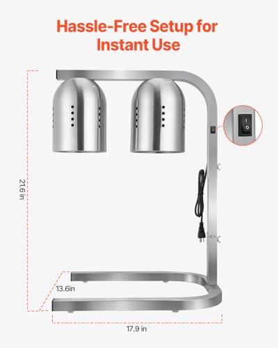 VEVOR Food Heat Lamp, 500W Bulbs, Commercial Food Warmer Light, Electric Stainless Steel French Fry Heating Lamp, Free-Standing, Catering Food Warming Equipment for Kitchen Buffet Restaurant, Silver