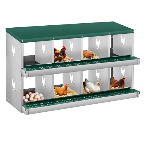 Metal Chicken Nesting Box 8 Compartment, 2-Layer, Wall Mount or Free Standing, Perch, Secure Lid, Vented Holes, Easy Egg Collection – Poultry Coop Accessory – Green - color: Green, size: 48.0"L x 4.0"W x 13.0"H