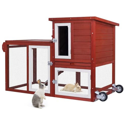 Rabbit Hutch Indoor Outdoor Bunny Cage, Weather Resistant Openable Roof, Slide Out Tray, Handle & Rolling Wheels, Chicken Coop, 48.05" L x 26.02" W x 34.3" H, Red - color: Red