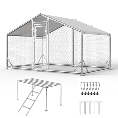 10x6.5FT Metal Chicken Coop, Dutch Door Chicken Run with Chicken Perch, Cover and Chicken Wire, Walk in Duck Pen for Backyard Poultry and Pet Farming - size: 78.7"L x 118.1"W x 76.8"H