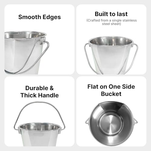 0.5 Gallon Stainless Steel Bucket - Heavy Duty Flat Side Metal Bucket for Feeding & Watering Pets, Livestock & Cleaning - Perfect for Crates, Kennels, Cages & Hang on Fences - 2 Quart - size: 2 Quart