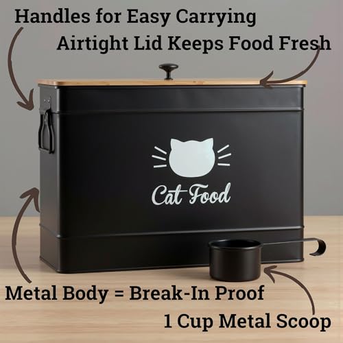 Cat Food Storage Container with Scoop - 15 lb (50 Cup) Capacity Metal Cat Food Container with Airtight Bamboo Lid & Metal Scoop - Airtight Pet Food Storage Containers - 15 lb Treats & Kibble Container - color: Black