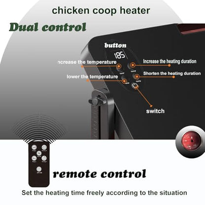Chicken coop Heater,with Adjustable Temperature Remote Control and Timer,Adjustable Height and Angle Chicken Heater,86-185 Control Temp+12 Hour Timer,Ideal for Chicken Coops Poultry Heating,16"x12" - color: Black