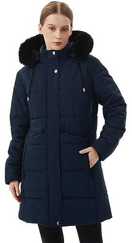 MOERDENG Women's Winter Puffer Coat Thicken Fleece Lined Down Jacket Waterproof Faux Fur Detachable Hooded Parka - color: Navy, size: Medium