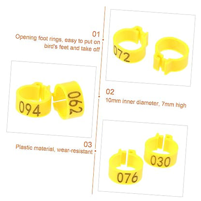 Mipcase 100 Pcs 10mm Numbered Pigeon Foot Rings Sturdy Plastic Bird Leg Bands for Identification for Pigeon Supplies and Bird Owners - color: Yellow