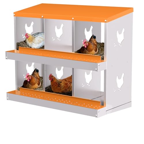 6-Panel Galvanized Steel Nesting Box for Chicken Coop - Removable Drop Tray & Ventilation - Easy Clean Laying Box for Hens, Ducks - Rustproof Design Protects Eggs - color: Orange, size: 6 compartments, without bracket