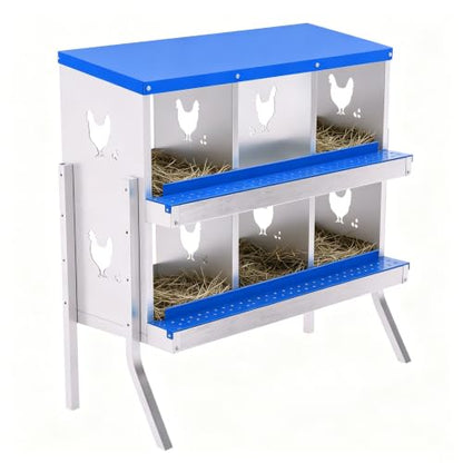 Garvee Durable Galvanized Metal Chicken Nesting Box – 6 Compartments, Roll Away Egg Collection, Perch, Ventilated, Easy Install and Clean, Includes Bracket, Blue - color: Blue, size: 6 holes with legs