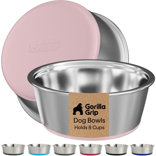 GORILLA GRIP Dog Bowls, Food Grade 304 Stainless Steel, Holds 8 Cups Each (64 fl oz) Food and Water Bowl for Feeding Dogs and Cats, Dishwasher Safe, Rust Resistant, BPA Free Rubber Base Set of 2 Pink - color: Light Pink, size: 8 Cup (64 Oz)