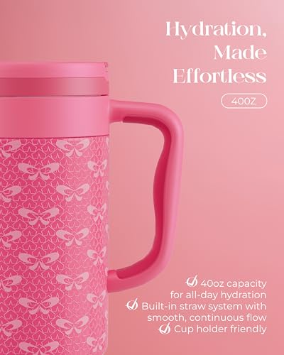 40 oz Insulated Tumbler with Handle and Push-Button Straw Lid, Stainless Steel Travel Cup for Gym Office, Leakproof, BPA-Free, Cup Holder Friendly, Bow Silicone Boot, Pink (Coquette Fuchsia) - color: Coquette Fuchsia