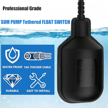 WHK Sump Pump Float switch Tethered Universal Float Switch Repalcement for Sump Pump Septic Sewage Water Tank,Durable Waterproof (Piggyback plug,10FT Cord)