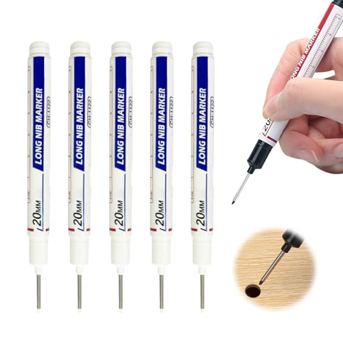Eadwe 5PCS Long Head Deep Hole Marker Pens, 20mm Deep Reach Markers, Quick-dry Waterproof Long Nib Permanent Markers, Carpenter Ink Marker Pens, Construction Marking Tool, Metal Marking Pen (White) - color: White