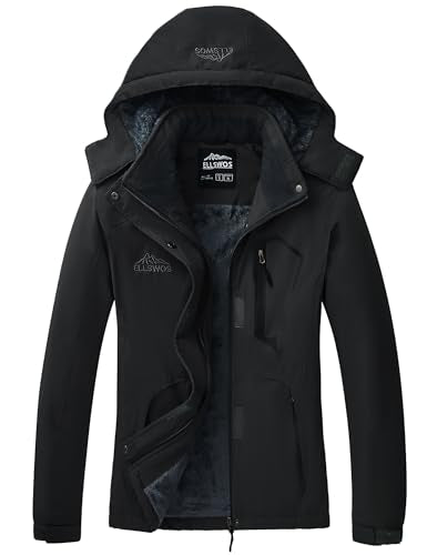 ELLSWOS Womens Winter Coats Waterproof Ski Jacket Warm Snow Jackets Windproof Windbreaker Hooded Raincoat - color: Black, size: Large