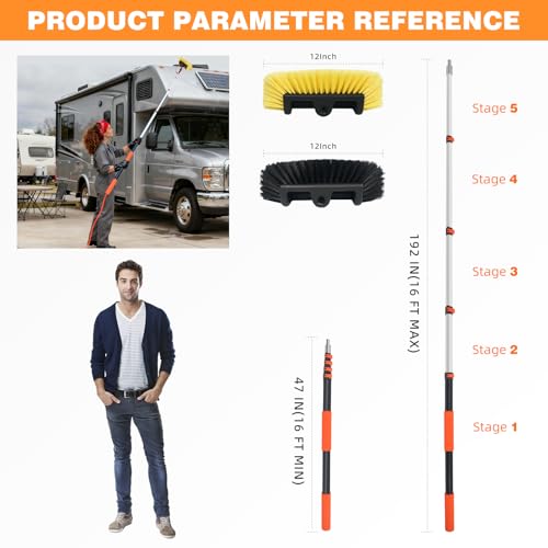 16FT Car Wash Brush with Long Handle Aluminium Telescoping Pole Angle Adapter with 2 Pcs 12" Soft and Hard Bristle Scratch-Free for Cleaning Car Truck RV House Floor Window Roof Solar Panels - size: 16 FT