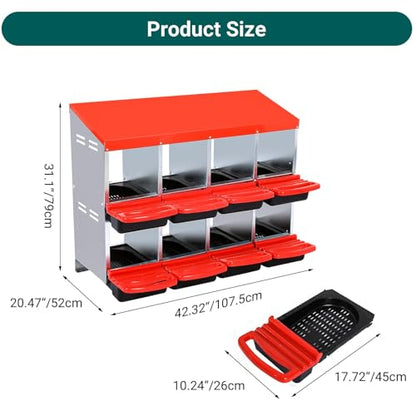 Chicken Nesting Boxes,8 Hole Metal Roll Away Eggs Laying Boxes with Ventilation Holes，Rustproof Plastic Tray & Keyhole Mounting, Cleanable Pull Out Nest Box for Hen & Duck, Red - color: Red, size: 8 holes