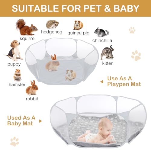 VitalCozy Hamster Playpen with Mat Small Animal Cage Tent Breathable Transparent Guinea Pig Playpen Waterproof Portable Yard Fence Mat Foldable Exercise Playpen Outdoor Indoor (Gray,Star) - color: Gray