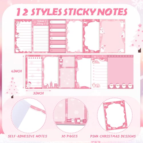 Dispowreath 24 Pcs Pink Christmas Sticky Notes with Pens Holiday Gifts Self Adhesive Notepad Cute Memo Notes Pads Black Ink Ballpoint Pen for Office School Students Teacher Supplies - style: Pink Xmas