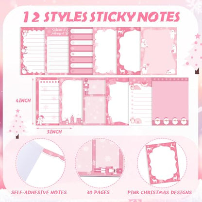 Dispowreath 24 Pcs Pink Christmas Sticky Notes with Pens Holiday Gifts Self Adhesive Notepad Cute Memo Notes Pads Black Ink Ballpoint Pen for Office School Students Teacher Supplies - style: Pink Xmas