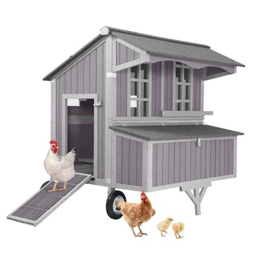 Outdoor Chicken Coops with Large Wheels,Wooden Hen House with 3 Nesting Boxes Leak Proof Pull-on Tray and UV-Resistant Roof Panel - color: Grey, size: 48.58"L x 37.58"W x 51.22"H