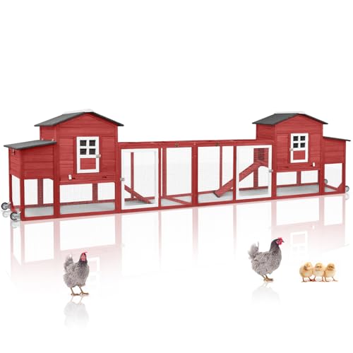 158" L Large Chicken Coop with Run, Chicken Hen House with Nesting Boxes, Wheels, Outdoor Indoor Mobile Rabbit Hutch, Poultry Cage for Chickens Ducks Bunny with Removable Tray, Ramp (Red) - size: 157.4"L x 22.0"W x 39.4"H