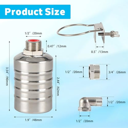 2 Pack Water Float Valve 1/2"-3/4" - Automatic Water Level Control for Tanks, Pools & Livestock Troughs, 304 Stainless Steel Float Valve for Distillers & Water Systems - size: 2 Pack