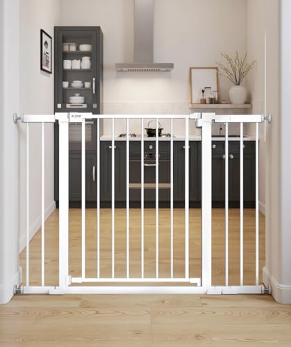 Baby Gate for Stairs, 30'' Tall 29.5-46" Extra Wide Dog Gate for Stairs Walk Thru Auto Close Metal Pet Gate for The House, Stairs and Doorways Child Gate Pressure Mounted Safety Gate Indoor - White - color: White, size: 29.5-46"W x 30"H
