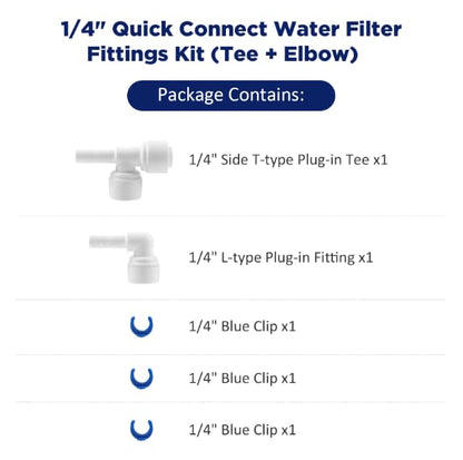Membrane Solutions 1/4" Push-to-Connect Stem Elbow & Tee Fittings Kit, 90-Degree & T-Shape Quick Connect Tube Fittings for T33 Inline Carbon Filter, Undersink Reverse Osmosis Unit with Pressure Tank