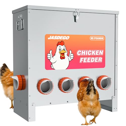 Metal Chicken Feeder No Waste 10 Ports Automatic Poultry Feeder Large Capacity 85 Pounds with Latch & Handle for Chickens Bantams Pheasants Poultry Coop Weatherproof - size: 10 Ports (85-120 LBS)