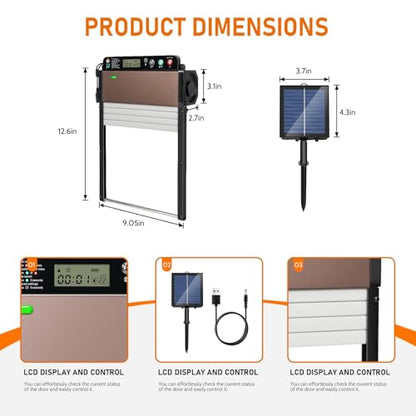 Automatic Chicken Coop Door SolarPowered Chicken Door LCD Displayand Roll-up Door Anti-Pinch FeatureChicken Coop Door Solar Powered Chicken Door Opener