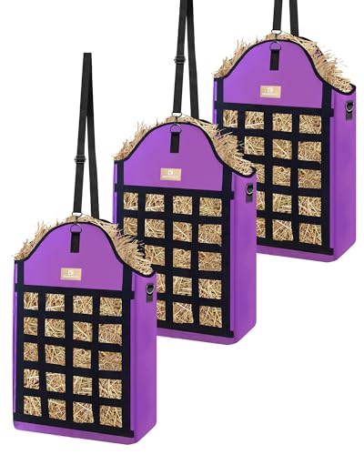 Hay Bags for Horses,4 Packs Slow Feed Hay Bags for Goats,Sheep,Donkey,600D Reinforced Oxford Hay Feed Bags with Front Hay Nets Design, Easy to Fill and Hang with Large Opening (3Purple) - color: 3Purple