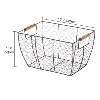 Decorative Brown Chicken Wire Basket with Wood Handles. 12.2x8x7.28