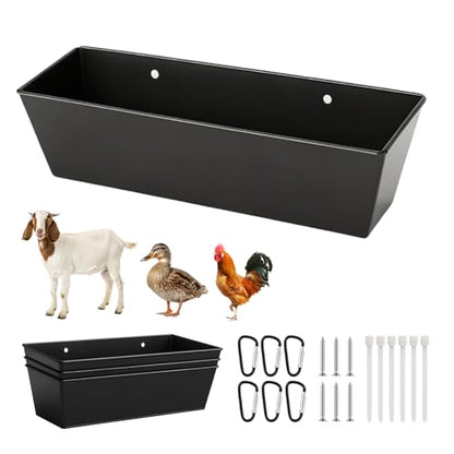 3 Pack 6 Qt Metal Feed Trough for Goats & Ducks, Heavy Duty Iron Hanging Livestock Feeder with Drain Holes & Plugs, Fence/Wall Mount Manger for Sheep, Piglets, Deer & Poultry