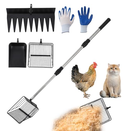 Garvee 3 in 1 Chicken Poop Scooper for Sand, Chicken Coop Scoop Cleaning Tool with Rake & Shovel, Adjustable Stainless Steel Handle, Easy Clean Poultry Litter Cleaning Tool