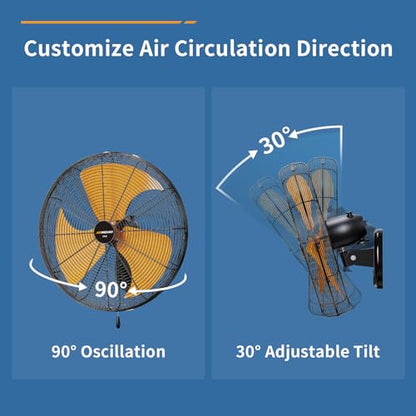 Pro Series 20 inch Oscillating High Velocity Wall Mount Fan, 6000 CFM Industrial Heavy Duty Metal Wall Fan, 3 Speeds, Adjustable Tilt, Quiet Operation Commercial Shop Fan for Garage - size: 20inch-indoor