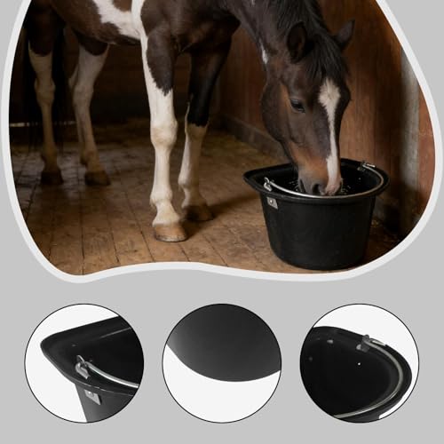 predolo Horse Feeder Feed Bucket Wear Resistant Sturdy PP Metal Ergonomic Handle Easy to Carry Suitable for Equestrian Stable Outdoor barn Livestock Care, Black - color: Black