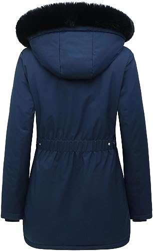 MOERDENG Women's Long Winter Down Coat Thicken Fleece Lined Parka Warm Puffer Jacket With Faux Fur Detachable Hood - color: Navy, size: XX-Large