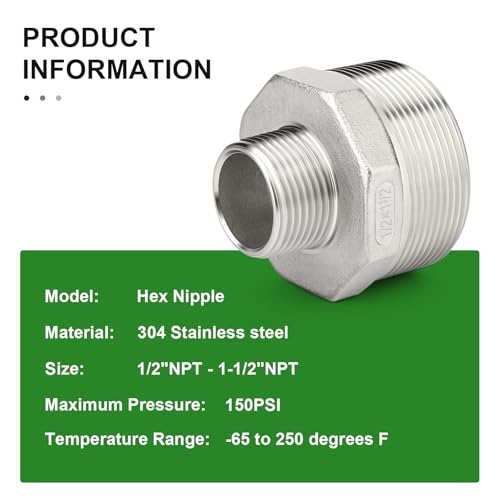 TAISHER 2PCS Cast 304 Stainless Steel Hex Nipple, Reducer Pipe Fitting 1-1/2" NPT Male x 1/2" NPT Male - size: 1-1/2" NPT x 1/2" NPT